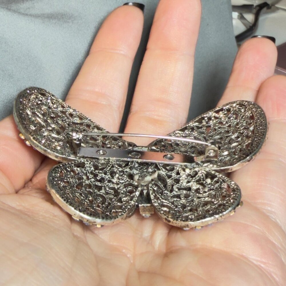 Butterfly Brooch Blue Rhinestone Filigree Crystal Pin Large Statement 3” - Picture 6 of 10